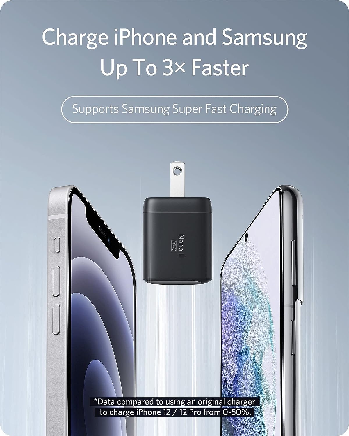 Anker Nano II 30W Fast Charger Adapter, GaN II Compact Charger (Not Foldable) for MacBook Air/iPhone 13/13 Mini/ 13 Pro/ 13 Pro Max/ 12, Galaxy S21, Note 20, iPad Pro, Pixel, and More Anker Nano II 30W Fast Charger Adapter, GaN II Compact Charger (Not Foldable) for MacBook Air/iPhone 13/13 Mini/ 13 Pro/ 13 Pro Max/ 12, Galaxy S21, Note 20, iPad Pro, Pixel, and More